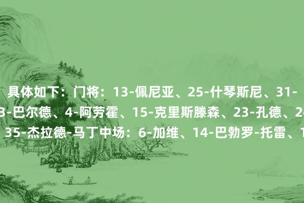 具体如下：门将：13-佩尼亚、25-什琴斯尼、31-科亨后卫：2-库巴西、3-巴尔德、4-阿劳霍、15-克里斯滕森、23-孔德、24-加西亚、32-福特、35-杰拉德-马丁中场：6-加维、14-巴勃罗-托雷、16-费尔明、17-卡萨多、21-德容时尚：7-费兰、9-莱万、10-法蒂、11-拉菲尼亚、18-维克托、19-亚马尔体育录像/图片